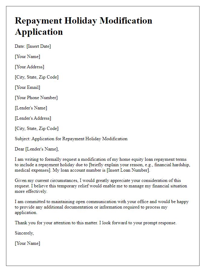 Letter template of repayment holiday modification application for home equity loan.