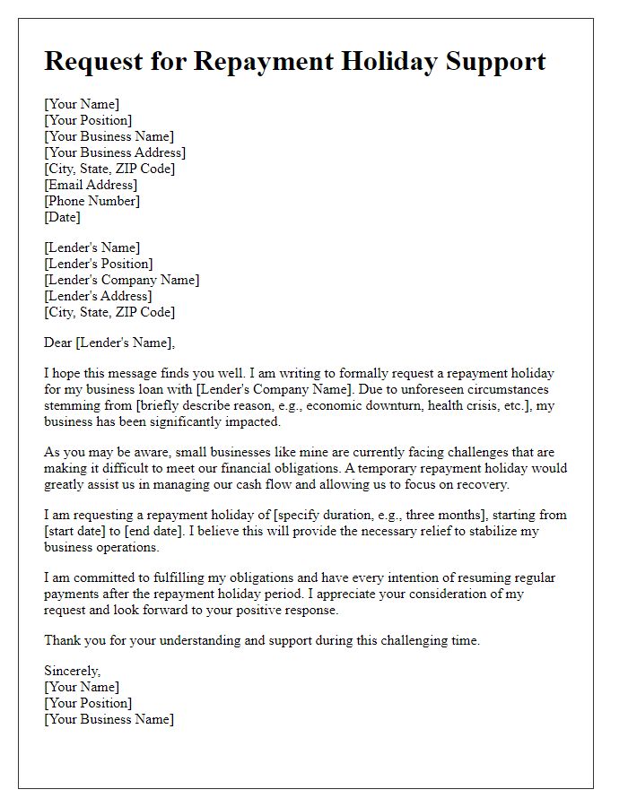 Letter template of repayment holiday support request for small business financing.