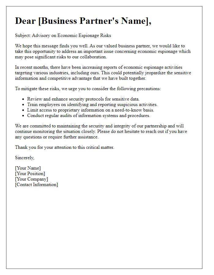 Letter template of economic espionage advisory for business partners