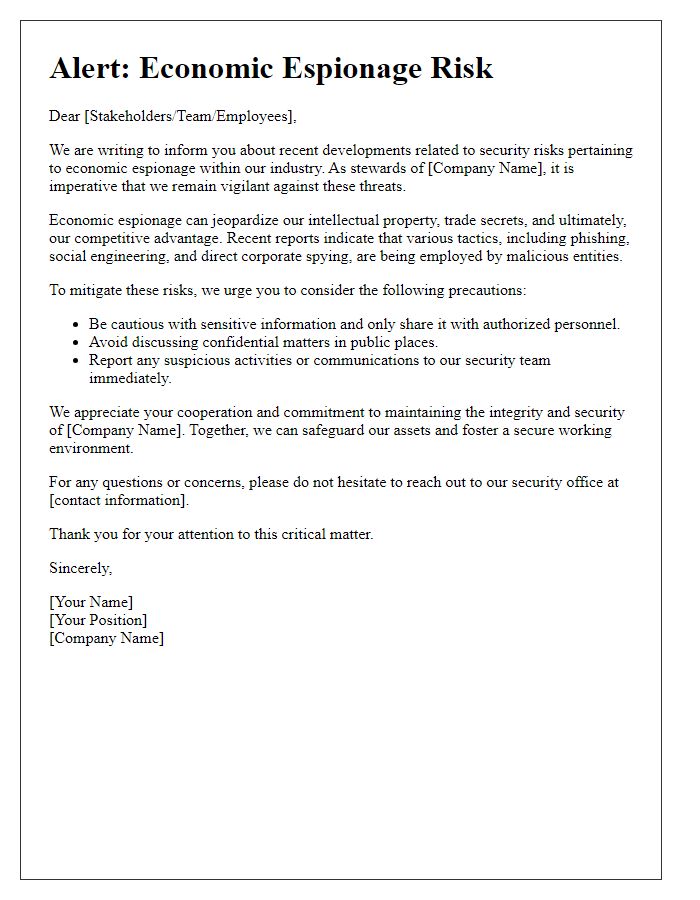 Letter template of economic espionage alert for corporate stakeholders