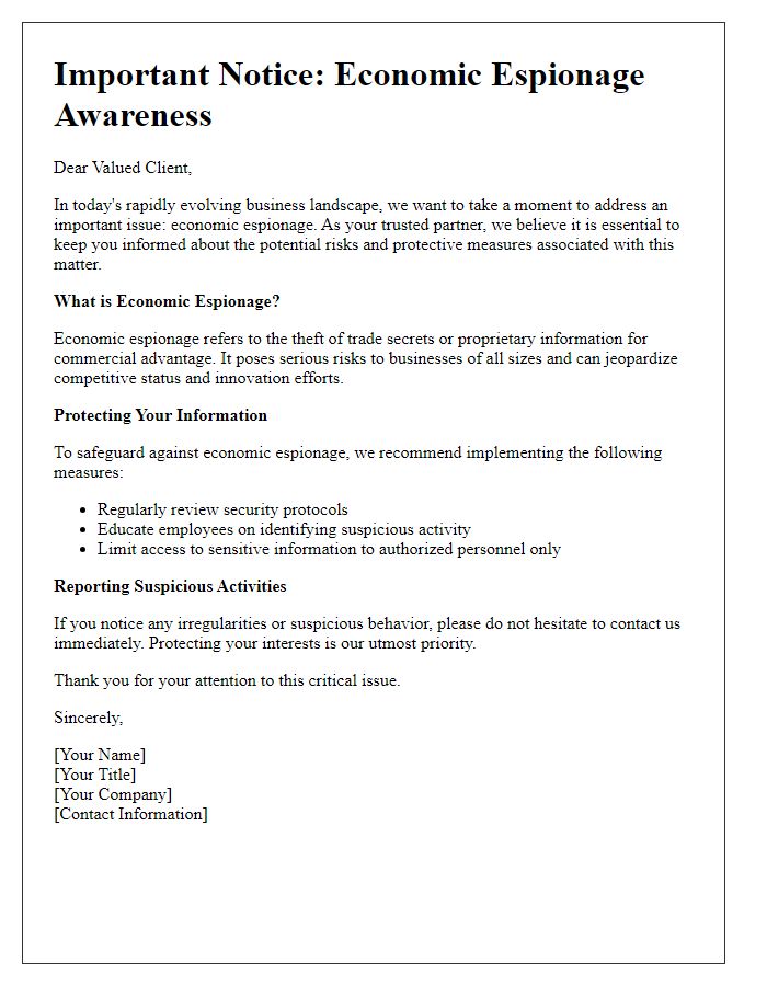 Letter template of economic espionage awareness communication for clients