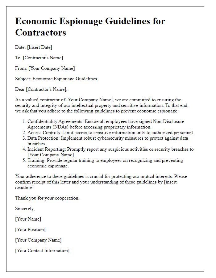 Letter template of economic espionage guidelines for contractors