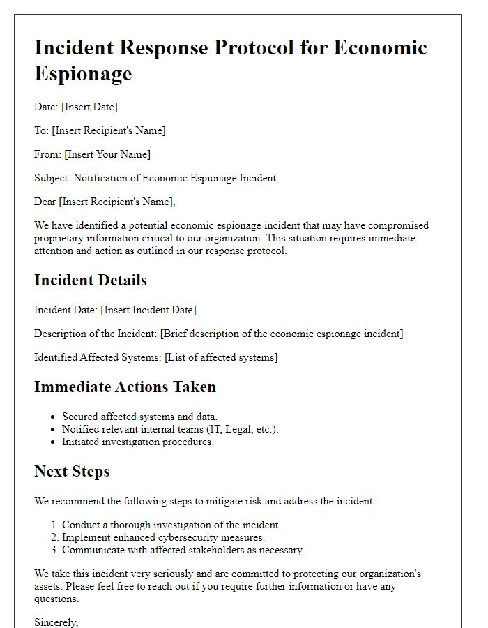 Letter template of economic espionage incident response protocol