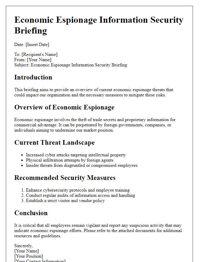 Letter template of economic espionage information security briefing