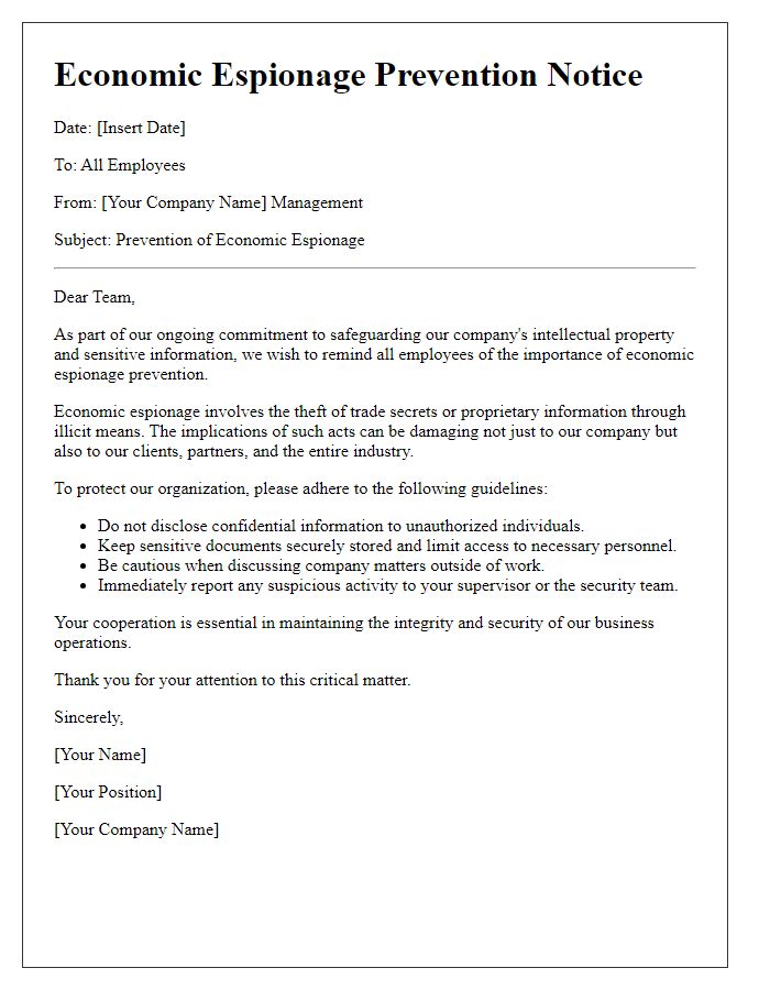 Letter template of economic espionage prevention notice for employees