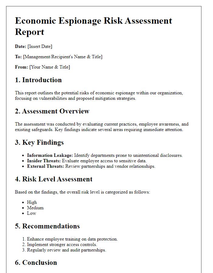 Letter template of economic espionage risk assessment for management