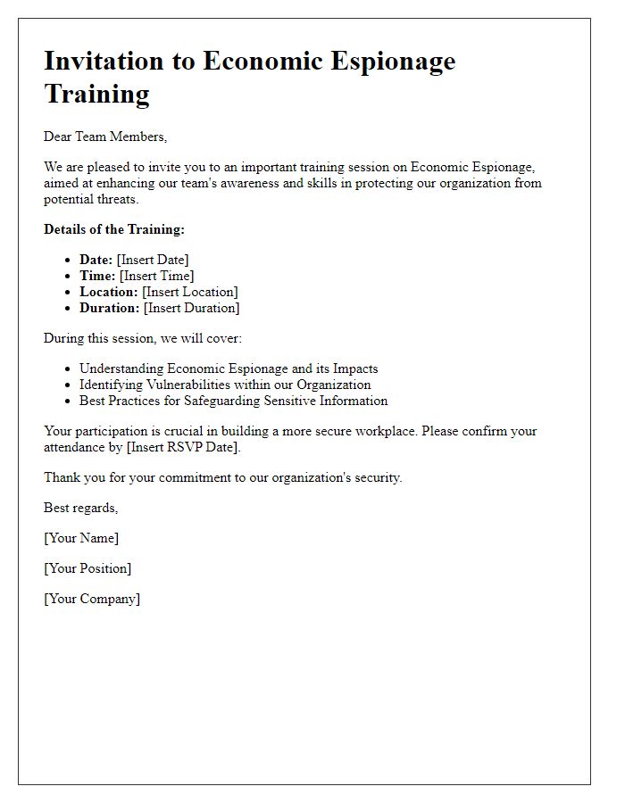 Letter template of economic espionage training invitation for team members