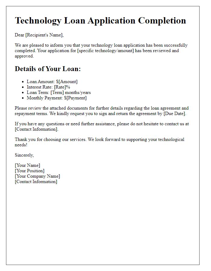 Letter template of technology loan application completion