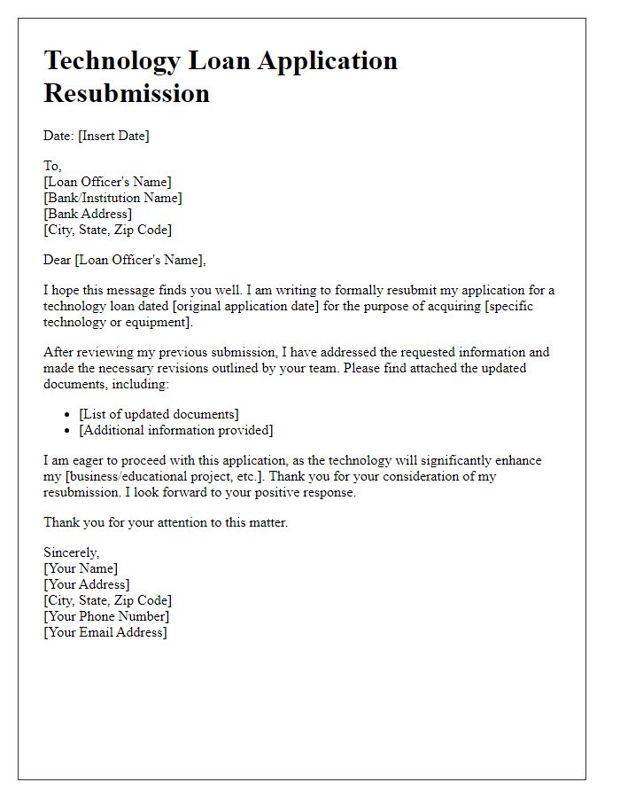 Letter template of technology loan application resubmission