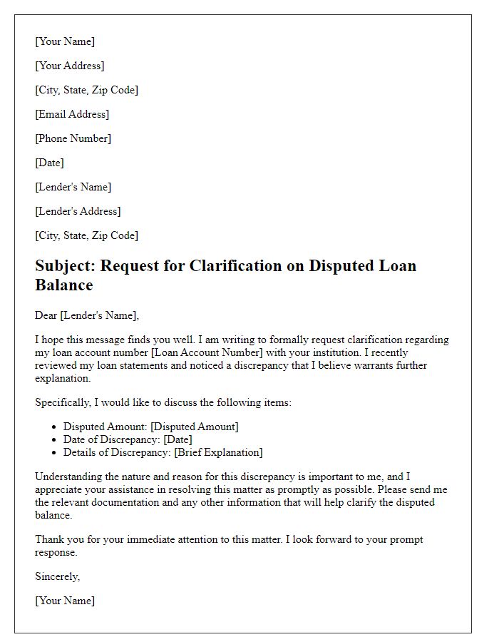 Letter template of clarification request for disputed loan balance