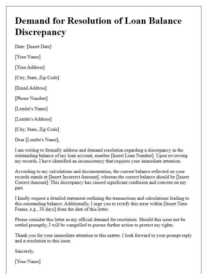 Letter template of demand for resolution of loan balance discrepancy