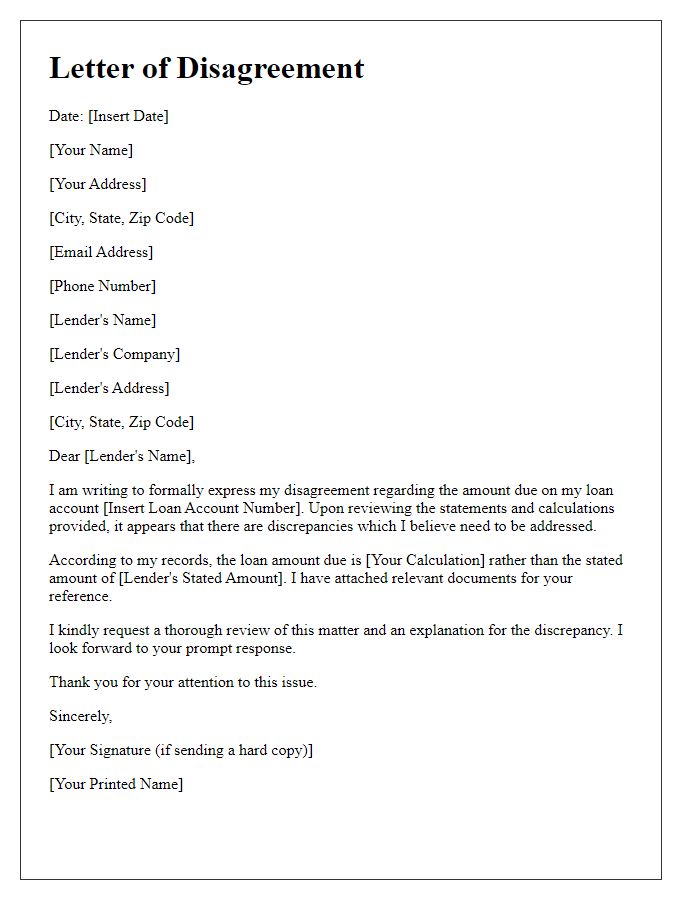 Letter template of formal disagreement with loan amount due