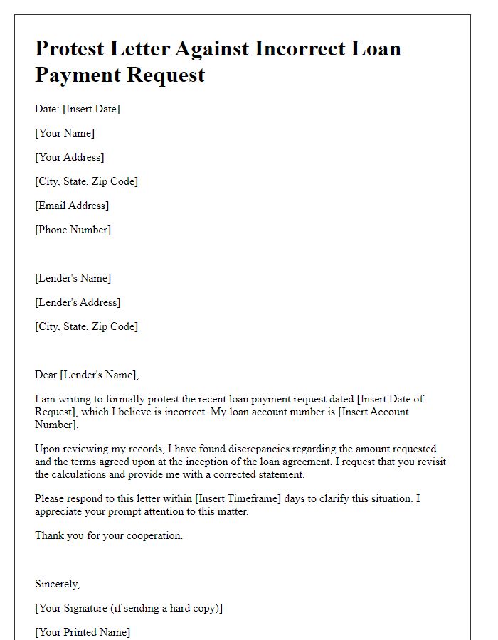 Letter template of protest against incorrect loan payment request