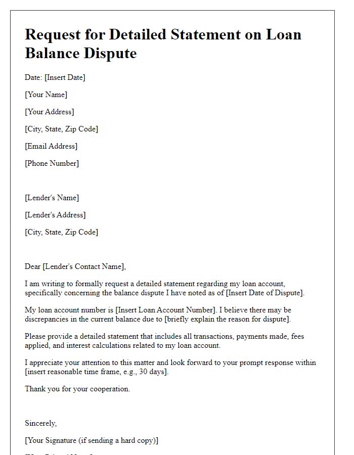 Letter template of request for detailed statement on loan balance dispute