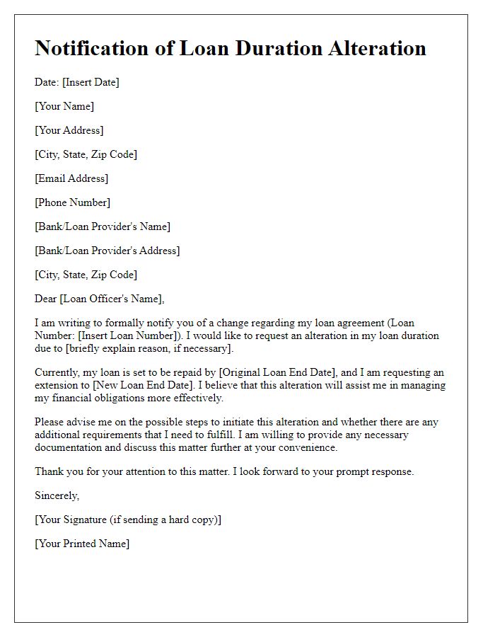 Letter template of Notification for Loan Duration Alteration