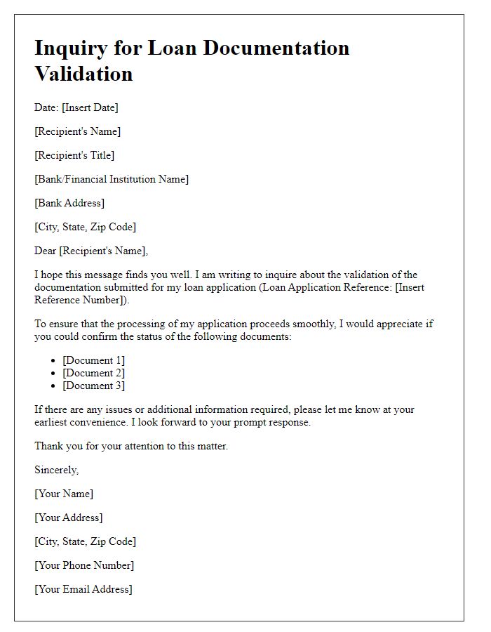 Letter template of inquiry for loan documentation validation