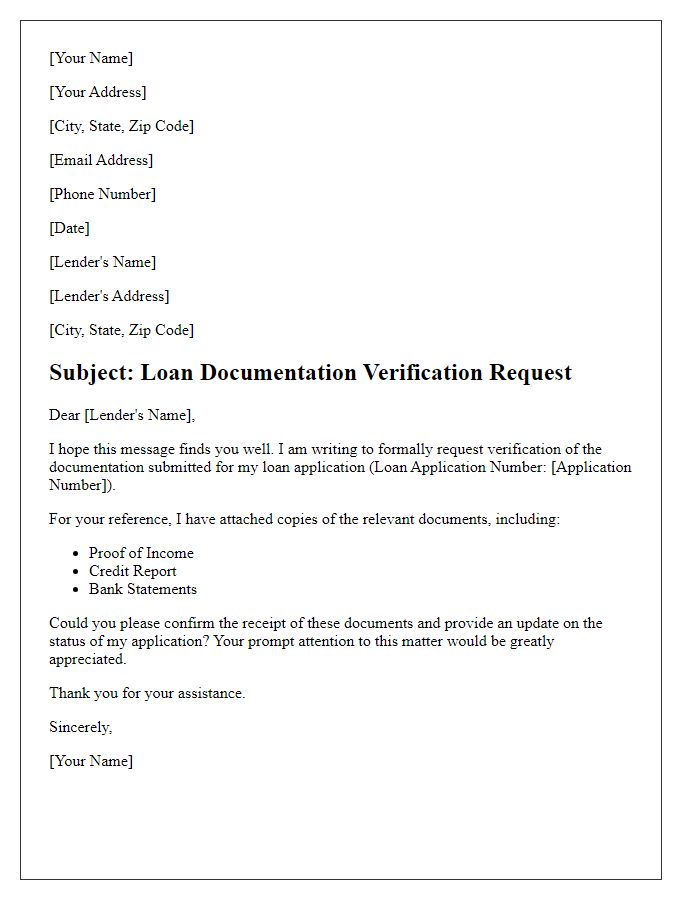 Letter template of loan documentation verification request