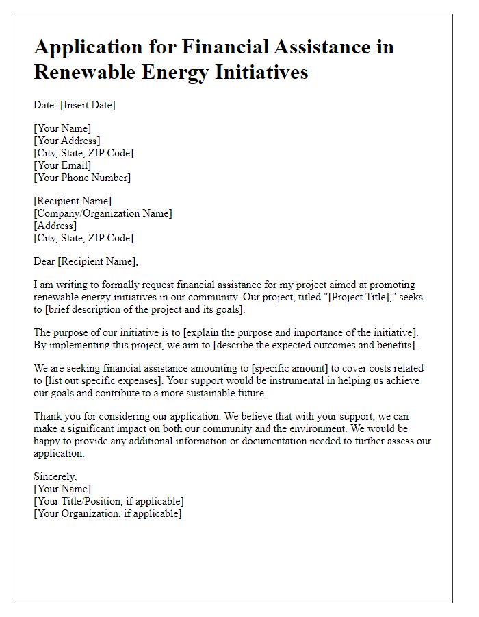 Letter template of application for financial assistance in renewable energy initiatives