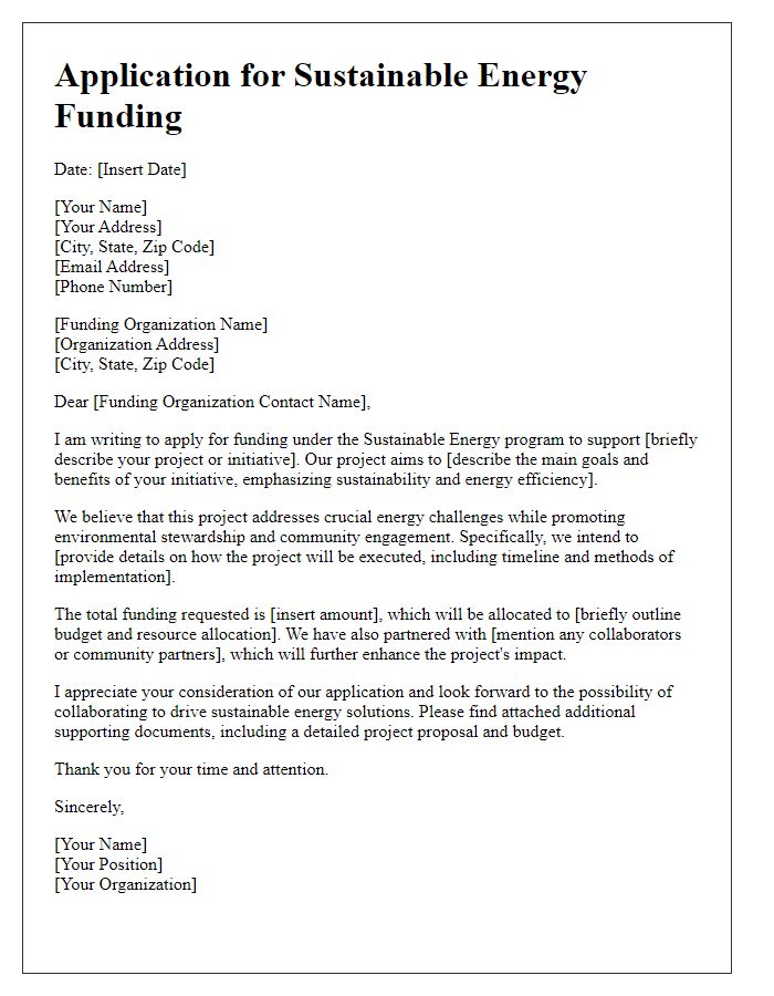 Letter template of application for sustainable energy funding