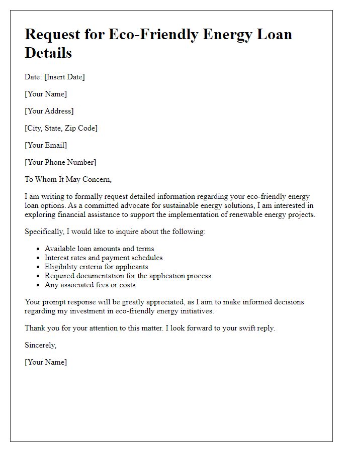 Letter template of demand for eco-friendly energy loan details