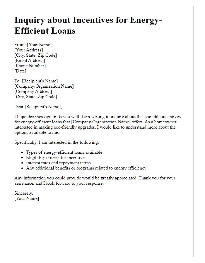 Letter template of inquiry about incentives for energy-efficient loans