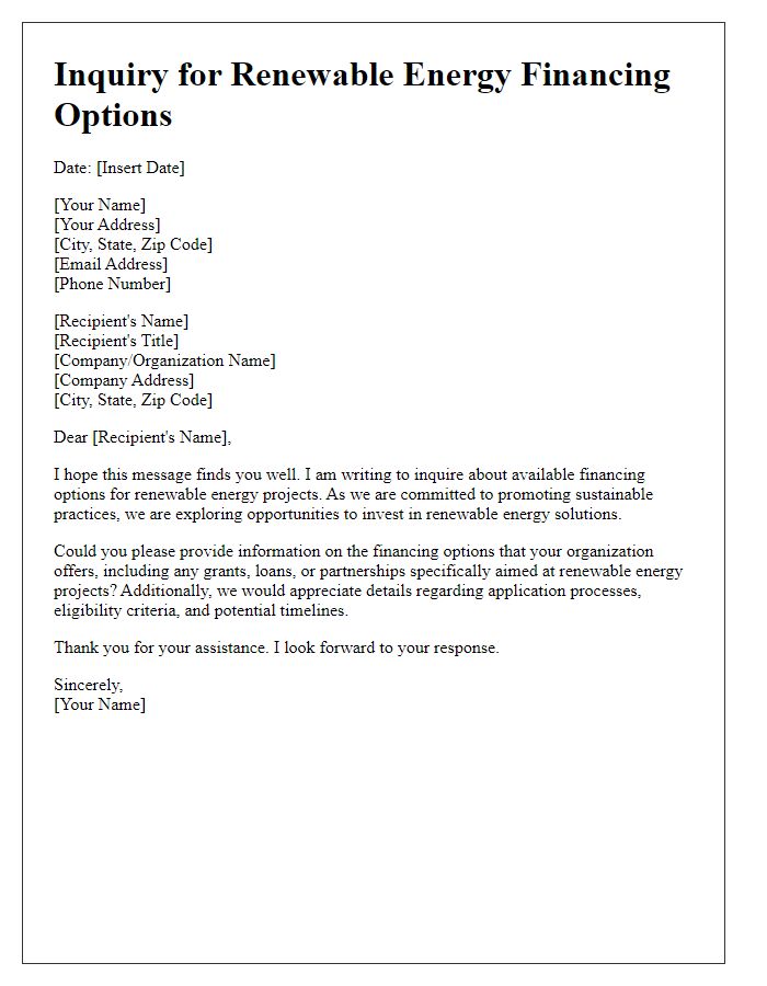 Letter template of inquiry for renewable energy financing options