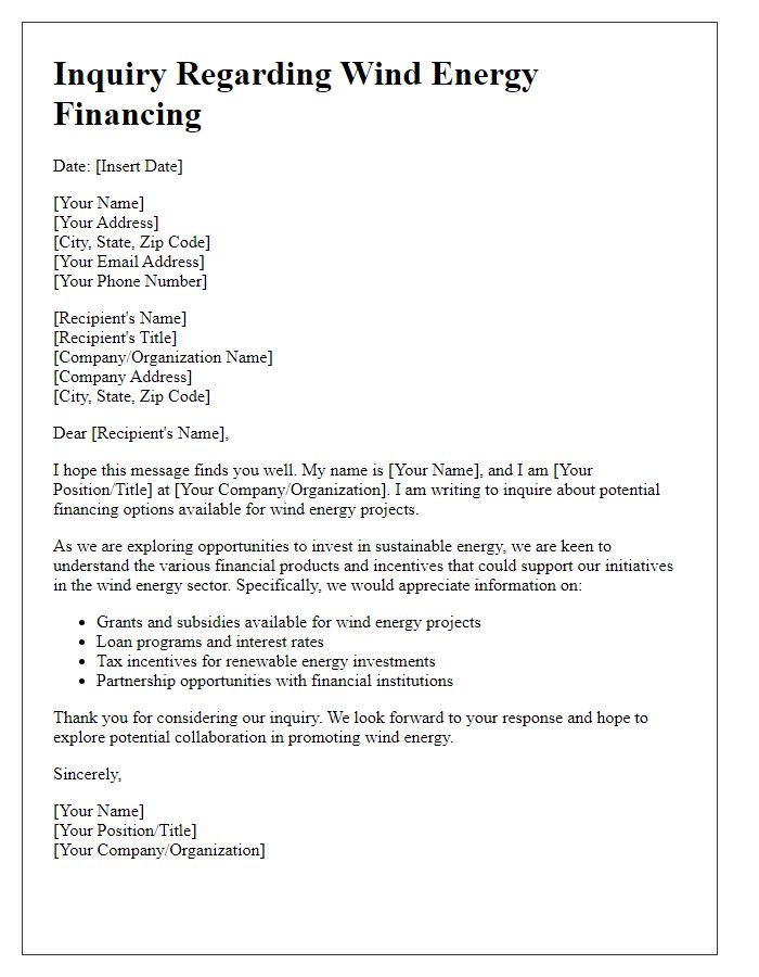 Letter template of question regarding wind energy financing