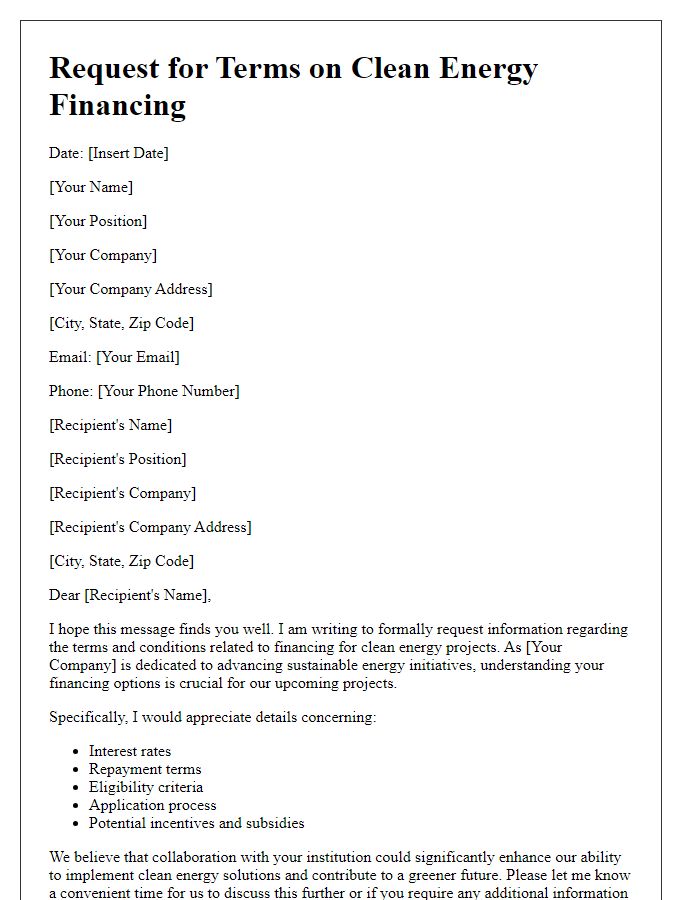 Letter template of request for terms on clean energy financing