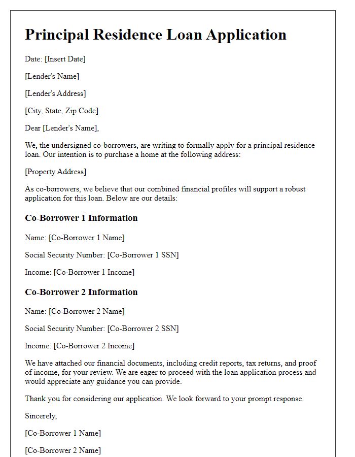 Letter template of principal residence loan application for co-borrowers