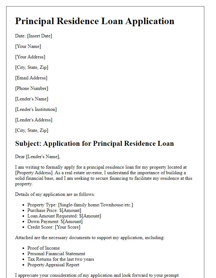 Letter template of principal residence loan application for real estate investors