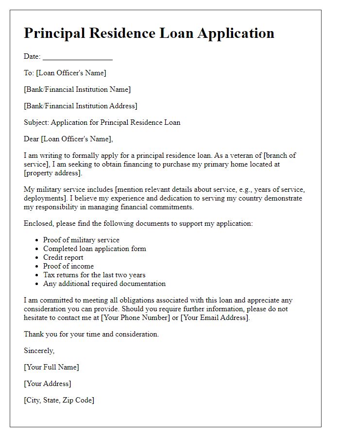 Letter template of principal residence loan application for veterans