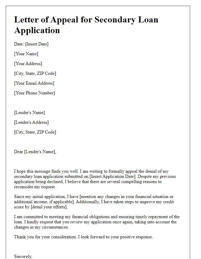 Letter template of appeal for secondary loan application