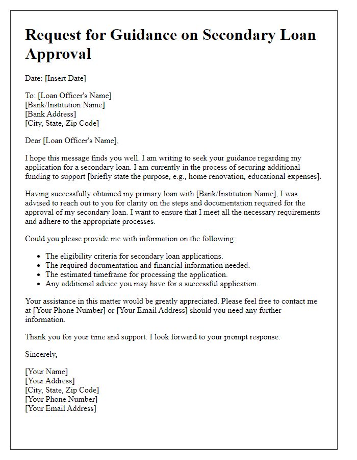 Letter template of request for guidance on secondary loan approval