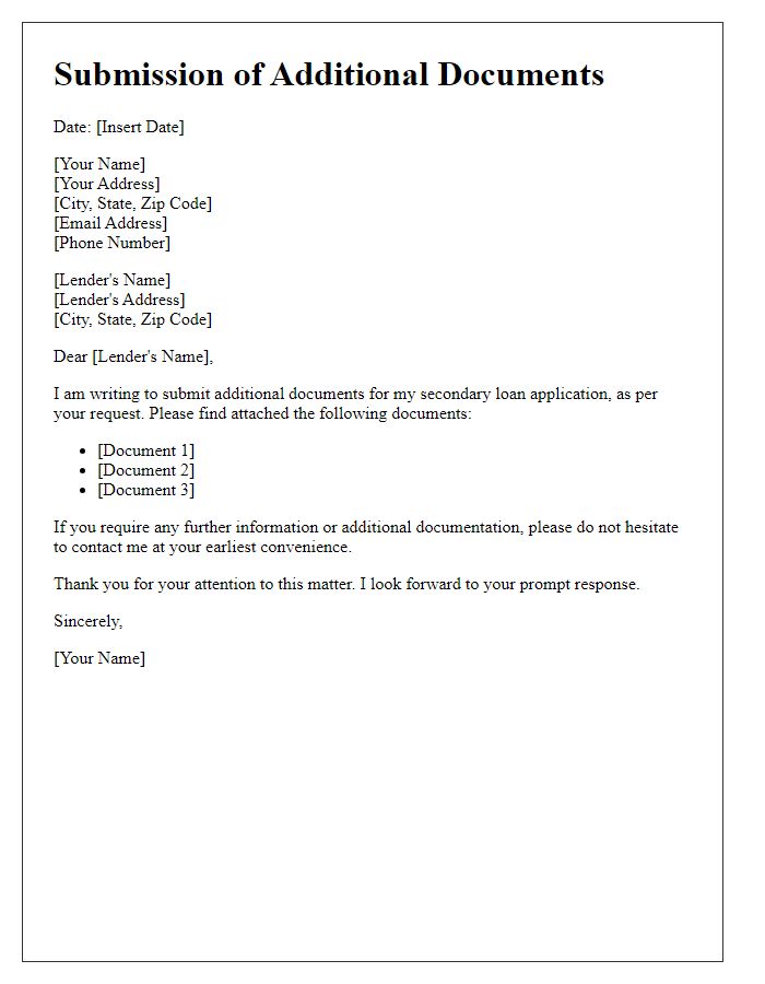 Letter template of submission for additional documents for secondary loan