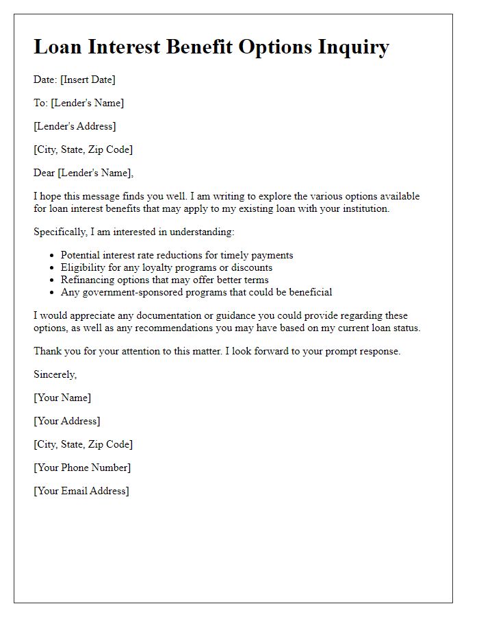 Letter template of exploration of loan interest benefit options.