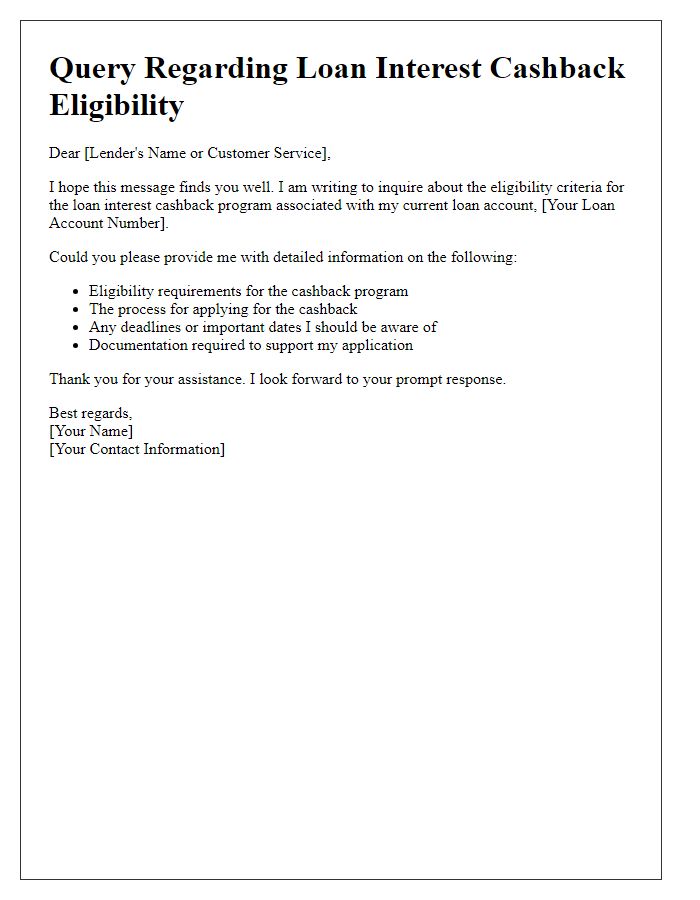 Letter template of query regarding loan interest cashback eligibility.