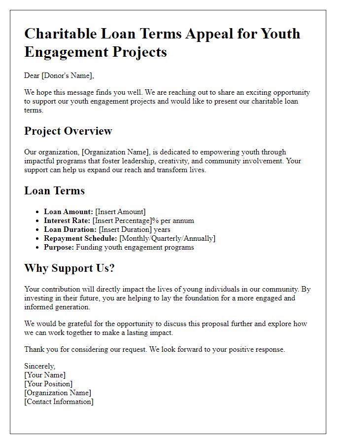 Letter template of charitable loan terms appeal for youth engagement projects.