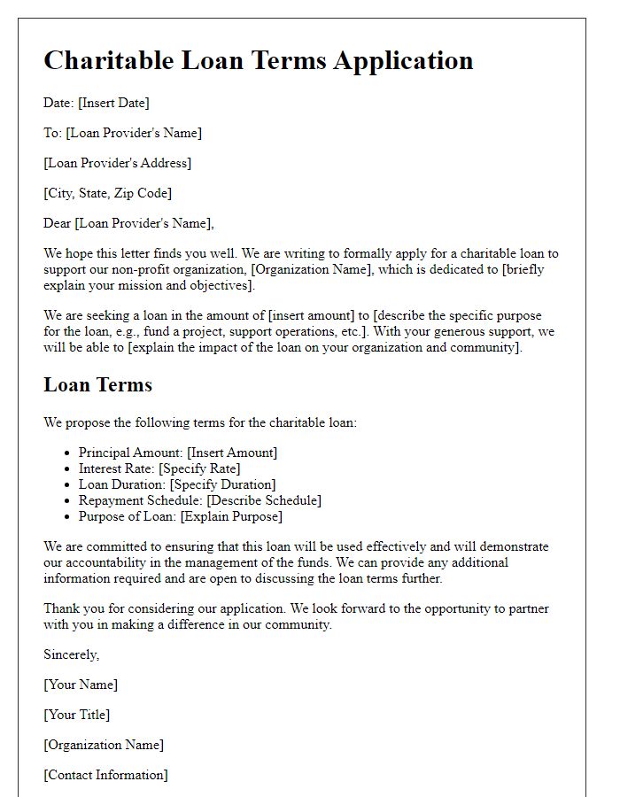 Letter template of charitable loan terms application for non-profit organization support.