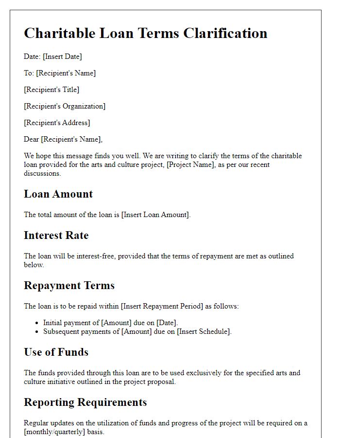 Letter template of charitable loan terms clarification for arts and culture funding.