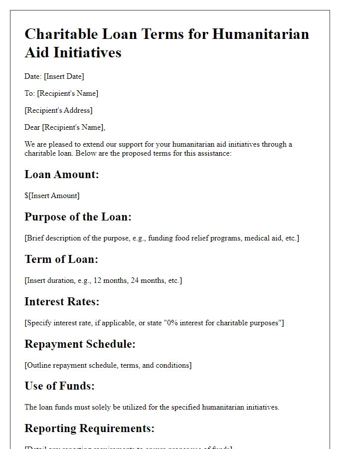 Letter template of charitable loan terms expression for humanitarian aid initiatives.