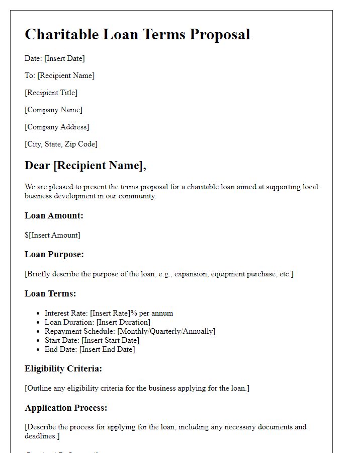 Letter template of charitable loan terms proposal for local business development.