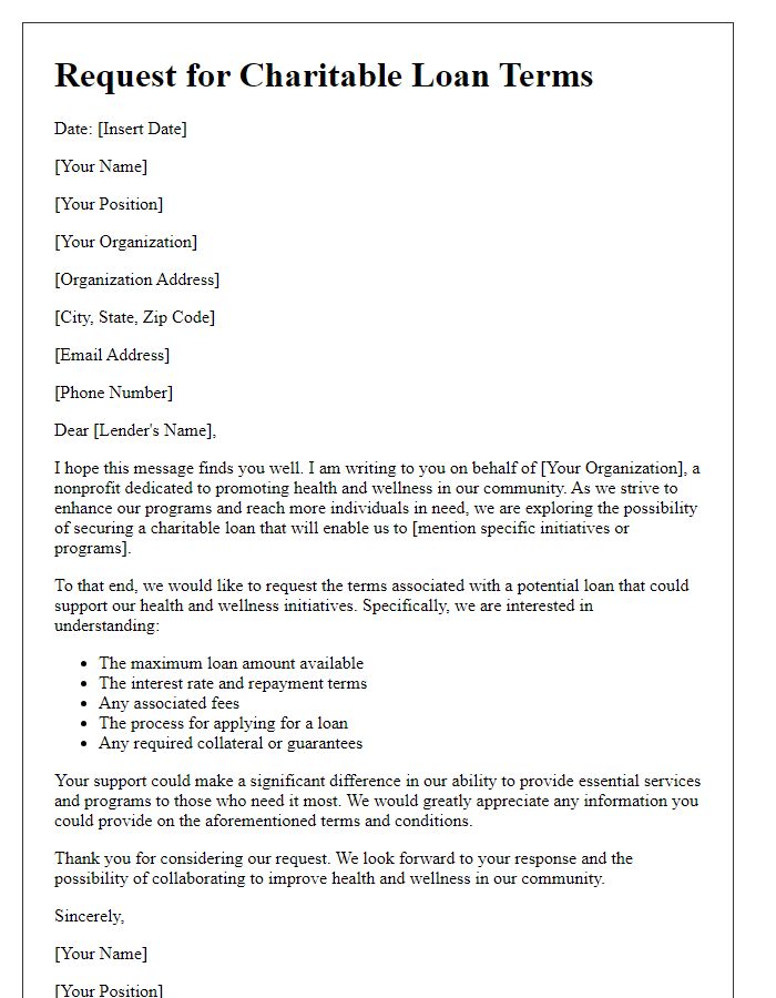 Letter template of charitable loan terms solicitation for health and wellness programs.