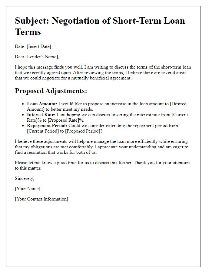 Letter template of short-term loan terms negotiation