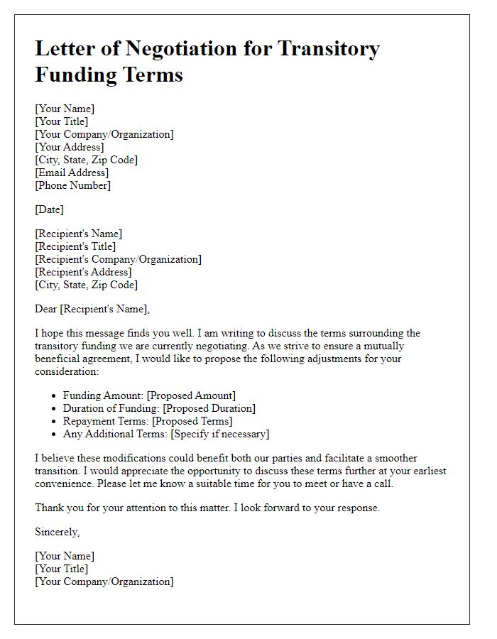 Letter template of transitory funding terms negotiation