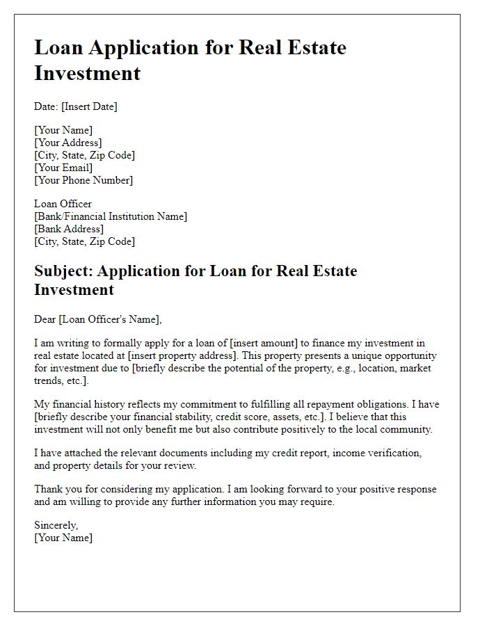 Letter template of loan application for real estate investment