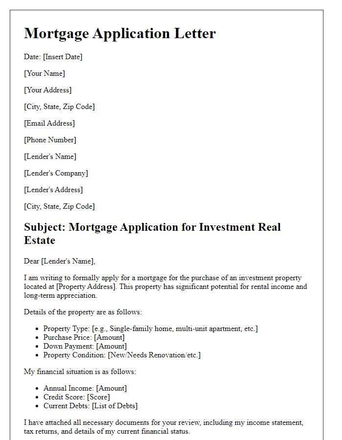 Letter template of mortgage application for investment real estate