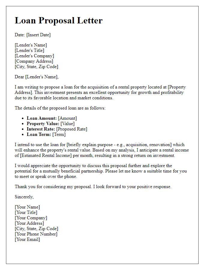 Letter template of proposal for loan on rental property acquisition