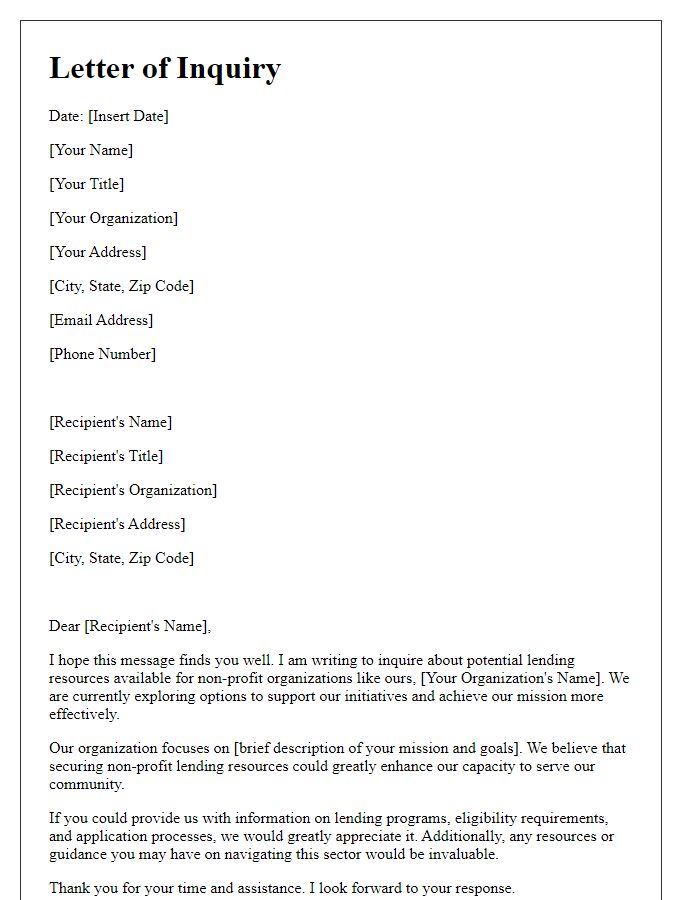 Letter template of inquiry for assistance with non-profit lending resources