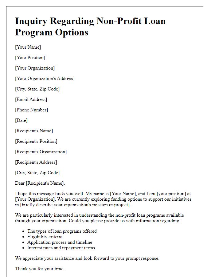 Letter template of inquiry regarding non-profit loan program options