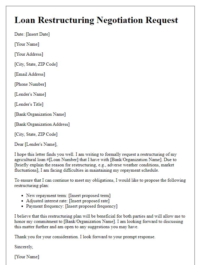 Letter template of loan restructuring negotiation for agricultural loans